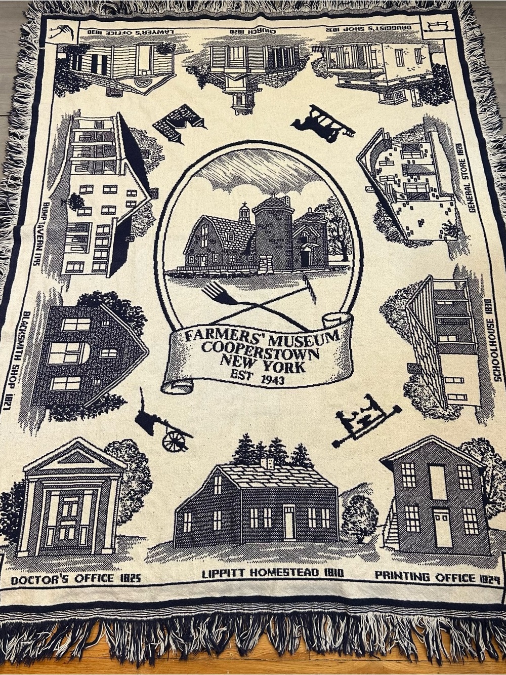 Vtg Farmers Museum Cooperstown NY Tapestry Throw Blanket Fringe 44x60 Cottage